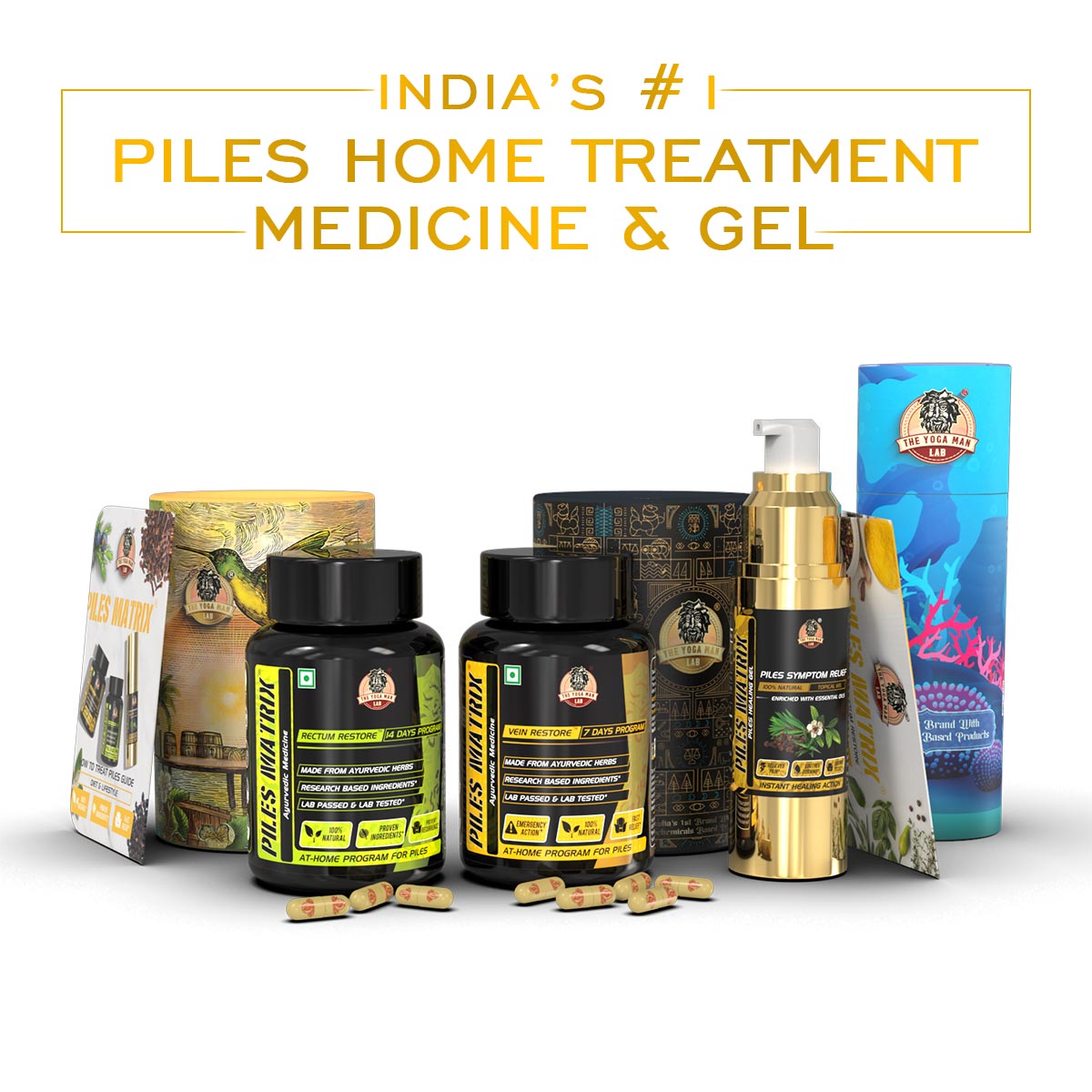 PILES MATRIX KIT - Piles Ayurvedic Supplements (VEIN + RECTUM RESTORE) + Healing Gel + Diet Booklet | Treats Hemorrhoids | 100% Natural Health Care > Gut Health > Piles > Medicine, Gel > Ayurvedic Piles Treatment The Yoga Man Lab Vein Restore + Rectum Restore + Gel  