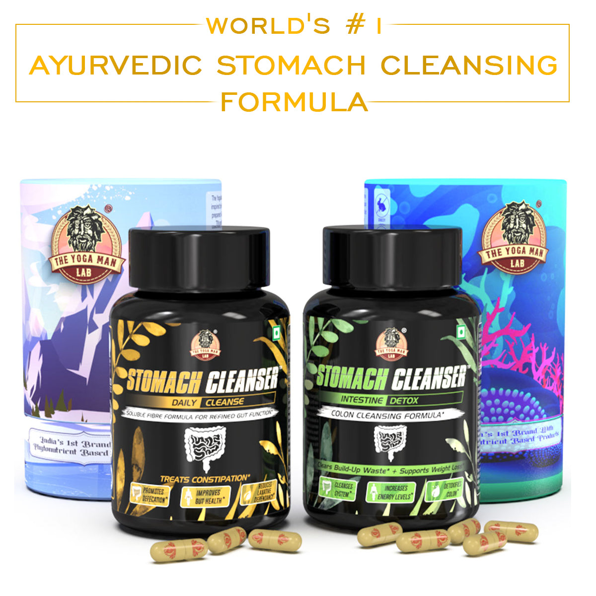 STOMACH CLEANSER KIT- Intestine Detox + Daily Fiber Cleanse (2 Ayurvedic Supplements) | Probiotic Soluble Fiber Combo For Instant Colon Detox & Daily Bowel Movement | 100% Natural Health Care > Gut Health > Colon Detox > Supplement > Ayurvedic Constipation, IBS & Bowel Treatment The Yoga Man Lab   