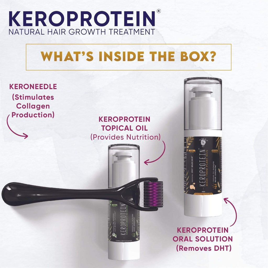 KEROPROTEIN Hair Growth Kit (Men) | Topical Hair Growth Oil (30ml) + DHT Blocker Oral Oil Shots (30ml)+ Keroneedle 0.5mm |Made From Natural Plant Oils  The Yoga Man Lab   
